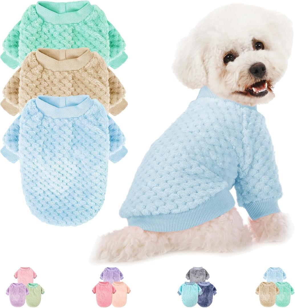 POMIU Dog Sweater, Dog Sweaters for XXS Dogs or Cat, Warm Soft Flannel Pet Clothes for Dogs, Girl or Boy, Dog Shirt Coat Jacket (Ice Blue+Light Coffee+Teal, XX-Small)