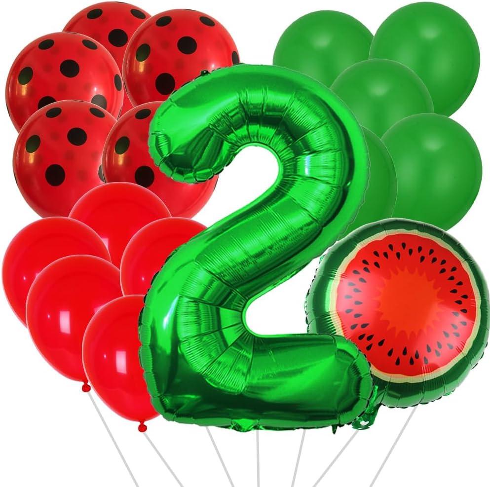 Watermelon Balloons Foil Number 2 Balloon Fruit Watermelon Foil Balloon Green Red Latex Balloons for Watermelon Birthday Decorations Fruit Ballons Arch Kits Party Summer Balloon Sets