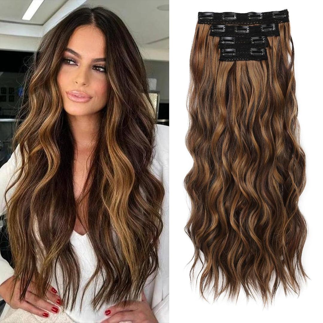REECHO Clip in Hair Extensions, 4PCS BHair Extensions 24" Thick Long Beach Waves hair extensions HE003 Invisible Lace Weft  Chocolate Brown with Golden Highlights