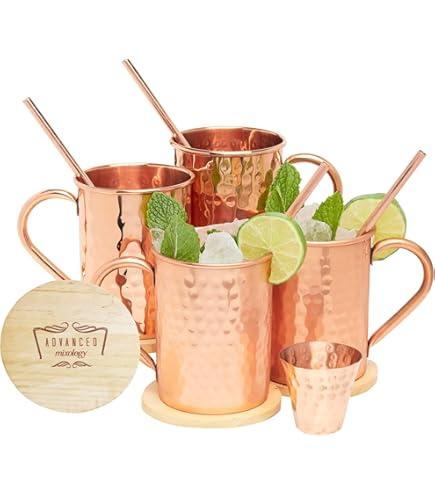 Yooreka Gift Set Moscow Mule Mugs Set Of 4 16 oz Solid Cooper, 100% Pure Copper Cups Cylindrical Shape HANDCRAFTED, BONUS 4 Straws, 4 Wood Coasters, Stirring Spoon, And Shot Glass (Square)