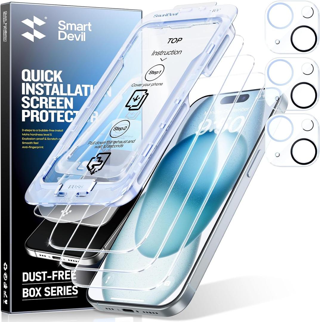 SMARTDEVIL 3-Pack Screen Protector for iPhone 15 Plus with 3-Pack Camera Lens Protector, Clear 9H Tempered Glass Film, Super Fast Installation (Dust-Free & Bubble-Free), Alignment Tool