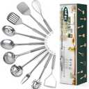 10 Pcs Cooking Utensils Set, Stainless Steel Kitchen Utensils, Heat Resistant Metal Kitchen Tools Include Solid & Slotted Spatula, Spoon, Ladle, Pasta Server,Potato Maseher,Egg Whisk,Meat Fork, Silver