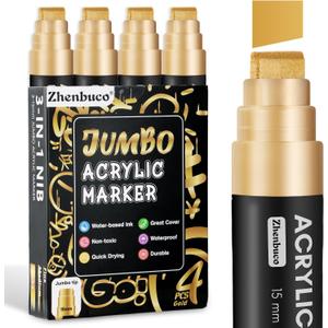 4 PCS Gold Jumbo Permanent Markers - 15mm Wide Tip Thick Acrylic Paint Pen, Large Acrylic Paint Markers for Rock Painting, Calligraphy, Poster, Canvas, Valentines Sign, Glass, Wood, Metal, Ceramic