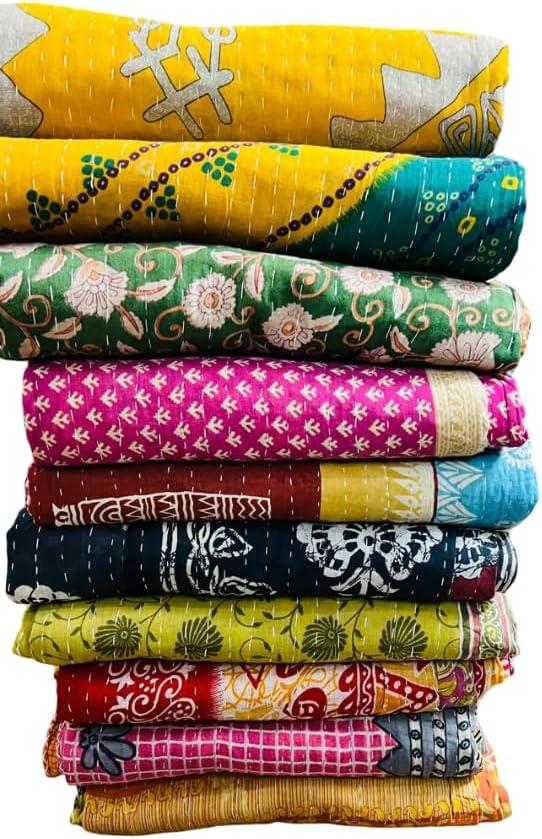 Marubhumi Indian Cotton Quilt Vintage Bedspreads, Throws, Ralli, Lot Kantha Reversible Bedcover Bedspread Throw Cotton Blanket Gudari -Single Pieces, Twin Assorted Color (10)