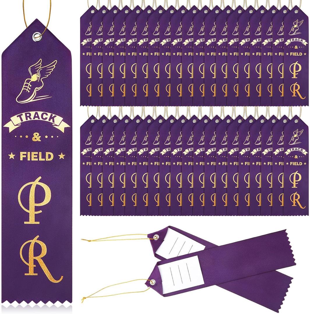 Hotop 50 Pcs Track and Field Personal Record Ribbons Dark Purple Award Ribbons Flat Carded Award Ribbon with Event Card and Rope for School Competition Sports Contests Office Team Prizes