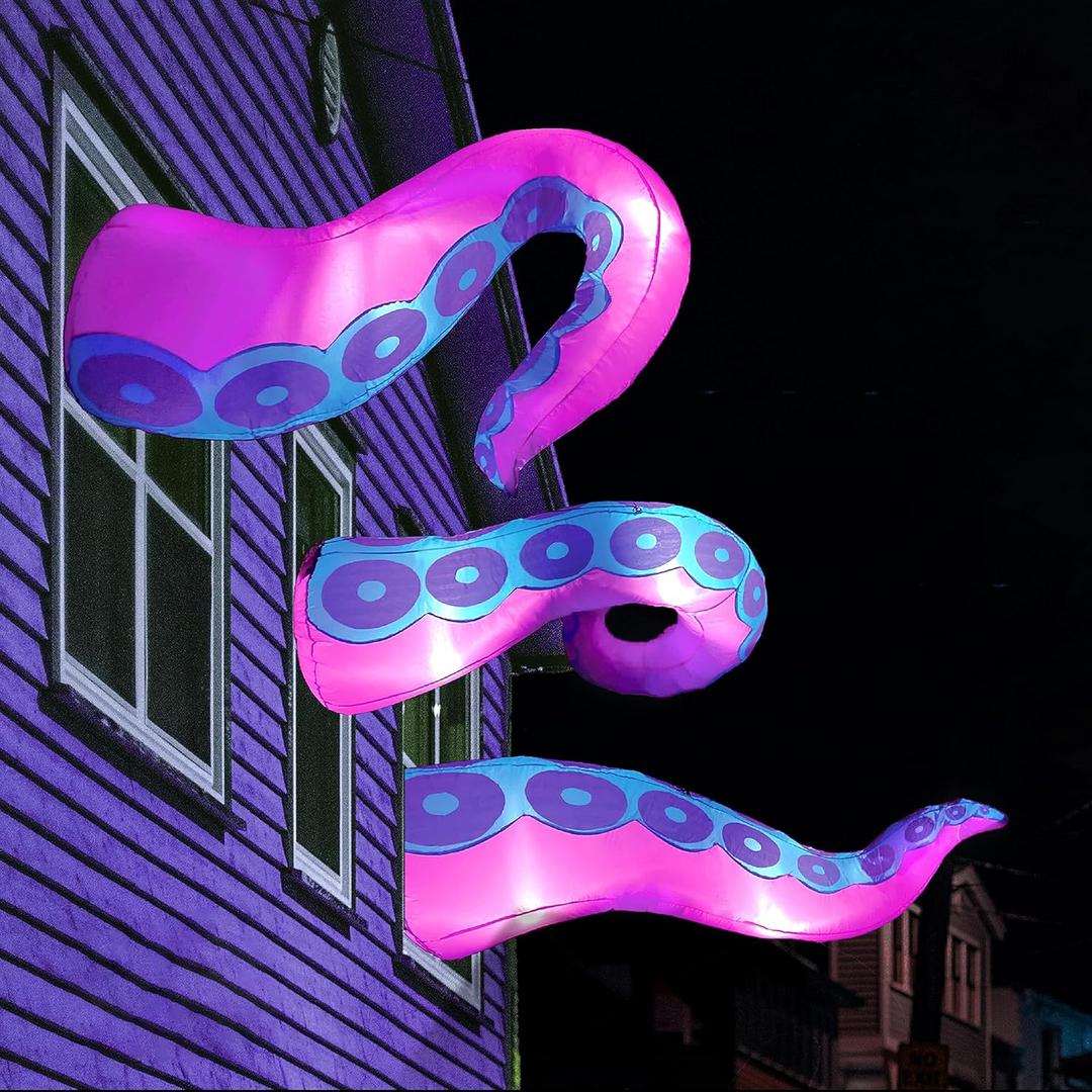 Joiedomi 3 Pcs Halloween Inflatables Octopus Tentacle Outdoor Window Decorations, Octopus Legs with Build-in LEDs, Halloween Front Door Window Roof Prop, Outdoor Holiday Blow up Decor for Garden Lawn (Purple)