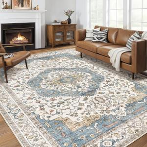 8x11 Area Rugs for Living Room - Large Carpet Ultra Thin Soft Washable Oriental Vintage Floral Distressed Rug Big Indoor Carpets for Bedroom Nursery Dorm Home Decor Aesthetic - Blue/Beige