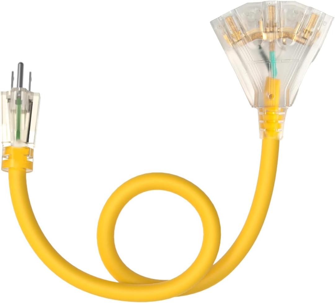 3FT 12 Gauge Heavy Duty Outdoor Extension Cord Waterproof with 3 Outlets & Lighted End, STW 15A 1875W 3-Prong Yellow Flexible Power Cord for Indoor Outside Decorations Garage, Garden, ETL