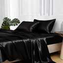 MR&HM Satin Sheets Full Size with Elastic Corner Straps, 4-Piece Silky Bedding Set, Deep Pocket 15 Inches, Good for Hair & Skin (Full, Black)