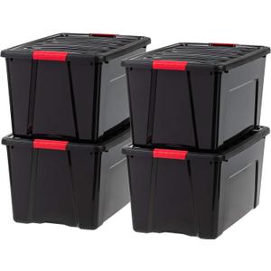 IRIS USA 72 QT Plastic Storage Box with Lid and Latches - 4 Pack - BPA-Free, Garage Organizing Solution, Durable Nestable Stackable Containers, Secure Pull Handle - Black