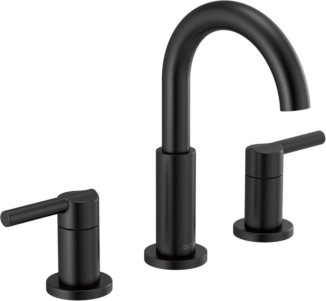 Delta Nicoli Matte Black Bathroom Faucet 3 Hole, 8 Inch Widespread Bathroom Sink Faucet for Vanity, Push-Pop Drain Assembly, Matte Black 35749LF-BL