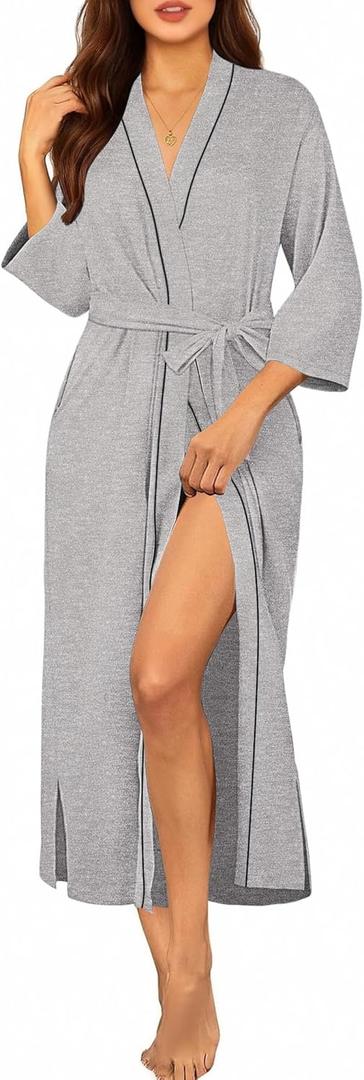 Ekouaer Robes for Women Long Knit Bathrobe Lightweight 3/4 Sleeves Kimono Robe Soft Sleepwear with Pockets (Medium)