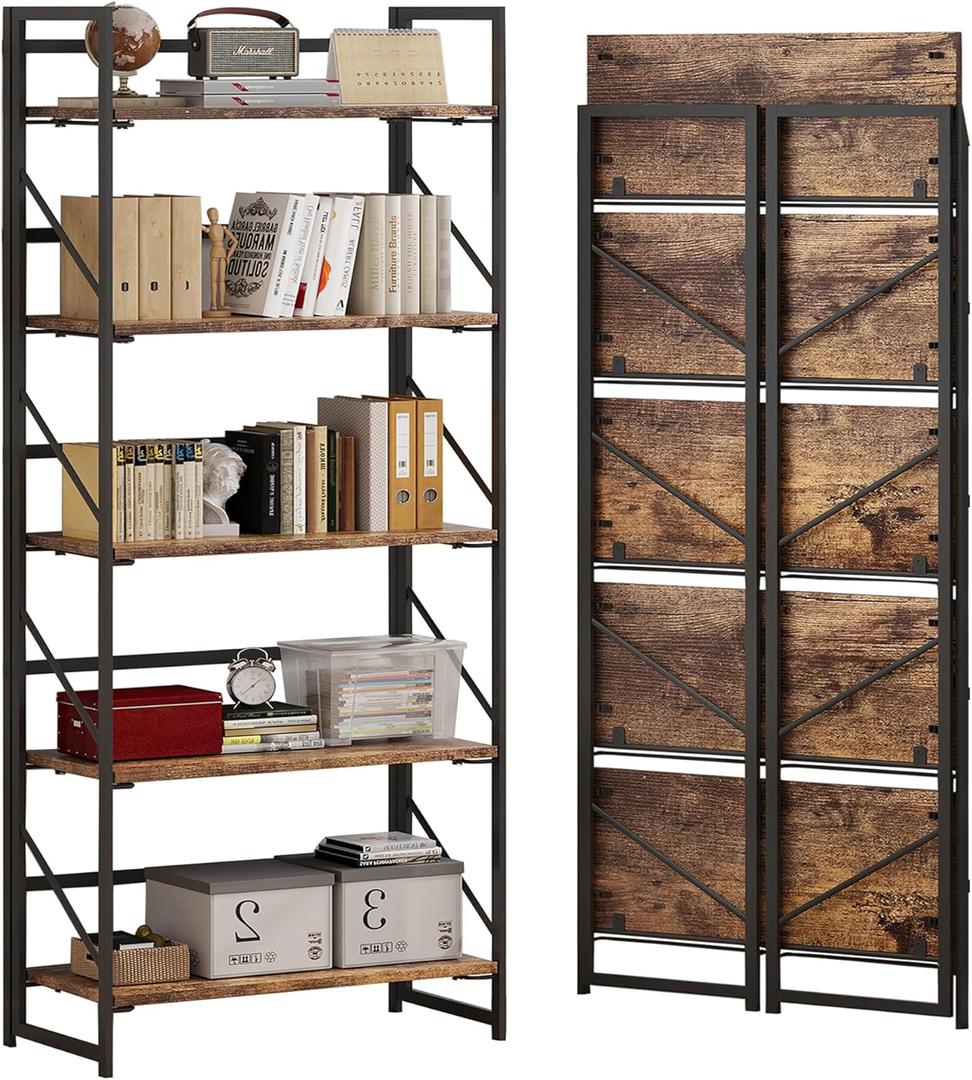 JSB No Assembly Folding Bookshelf, 5 Tier Industrial Metal Book Shelf for Storage, Vintage Wood Foldable Bookcase for Living Room, Bedroom, Office Organization Shelves (Fire Brown)