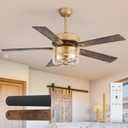 52 Inch Farmhouse Ceiling Fan with Rustic Chandelier Lights, Ultra Quiet DC Motor, 5 Reversible Blades Downrod Mount Antique Fan for Bedroom Living Room - Vintage Black Gold