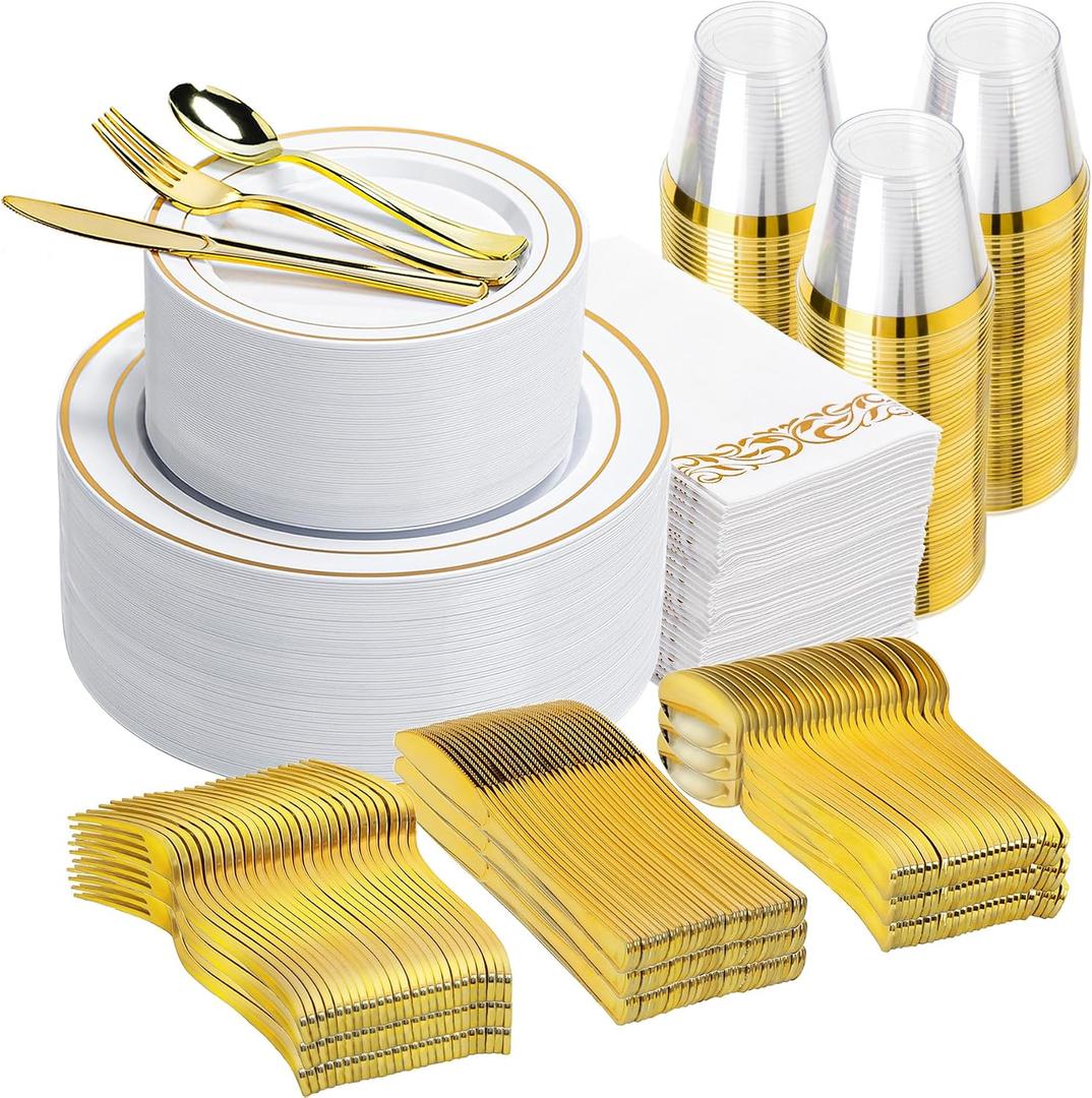 N9R 700PCS Gold Disposable Dinnerware Set for 100 Guests, White Plastic Plates with Gold Rim, Include 100 Dinner & Dessert Plates, Plastic Silverware Set, Cups, Napkins for Party and Wedding