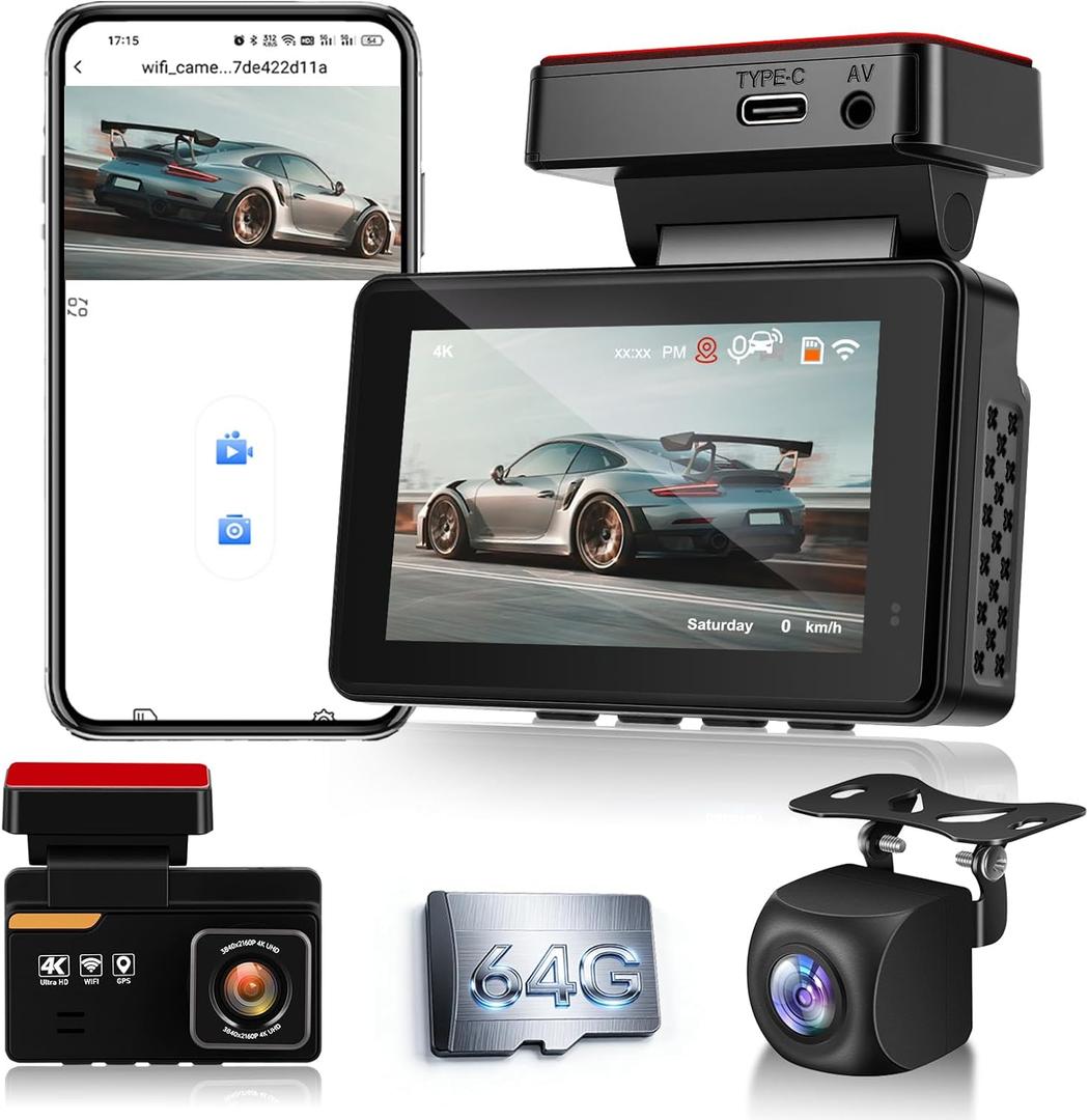 NHOPEEW 4K Dual Dash Camera for Cars with WiFi & APP Control - 3Inch Screen Dash Cam Front and Rear - 150 Wide Angle/GPS/G-Sensor/Loop Recording/Night Vision/ADAS/Split Screen + 64GB Card
