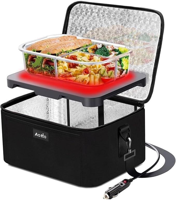 Aotto Portable Oven Electric Lunch Box Food Heater - 12V/24V 2-in-1 Car Food Warmer, Heated Lunch Box for Adults, Cook, Reheat, and Keep Meals Warm for Car, Truck, Travel - Black