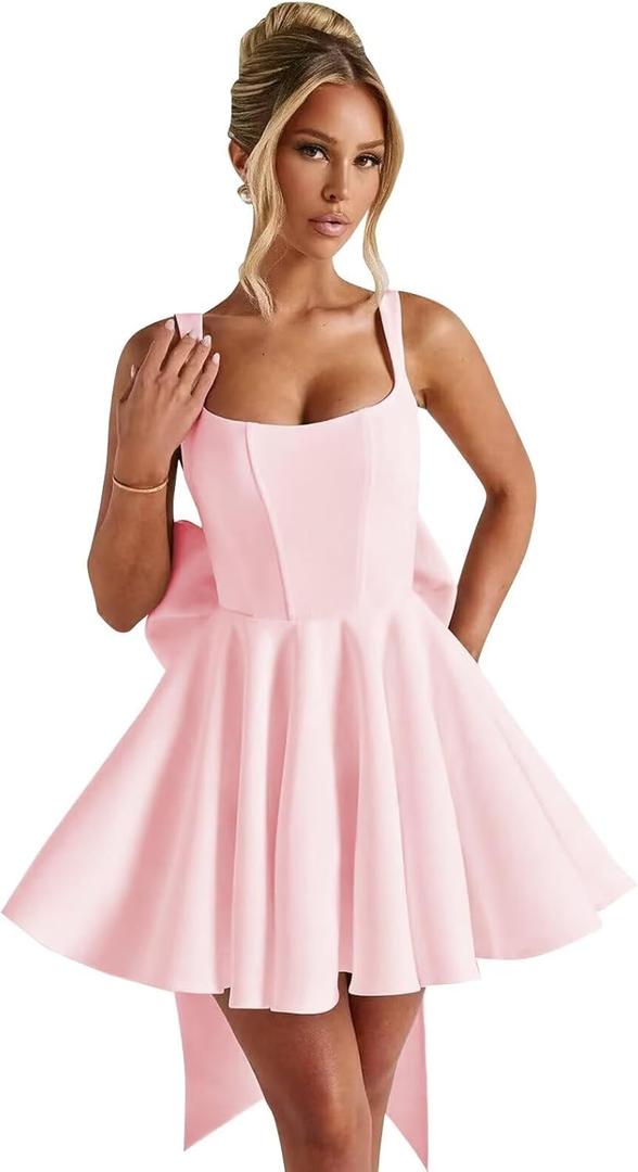 Short Homecoming Dresses with Bow Satin Square Neck Spaghetti Straps Corset Prom Formal Cocktail Dress (2, Pink)