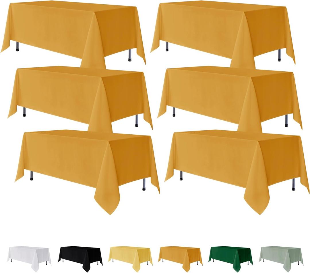Fitable 6 Pack Gold Rectangle Table Clothes - 90 x 156 Inch - Wrinkle and Stain Resistant Fabric Tablecloths, Washable Polyester Table Covers for Wedding, Party, Banquet, Formal Events