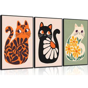 Unframed Cat Wall Art Neutral Boho Poster Plants Retro Animal Pictures Print Green Posters Mid Century Printing Colorful Cat Art Vintage Orange Bedroom Bathroom 24x16 Inch Set of 3
