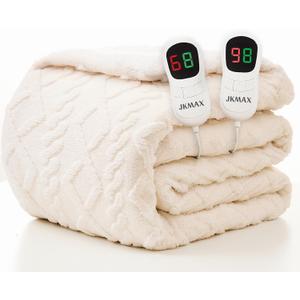 JKMAX Heated Electric Blanket Queen Size-84"x90" Heating Blanket with 10 Heating Levels & 5 Time Settings Over-Heat ProtectionWinter Warmer for Adults with ETL CertificationCream