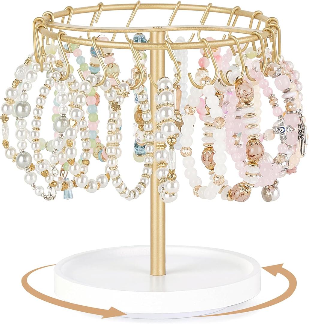 Mkono Bracelet Holder Single Tier Rotating Bracelet Display Stand Metal Jewelry Organizer with 40 hooks and Storage Tray Modern Rack for KeyChain Accessories Selling and Dressing Table Decor,Gold