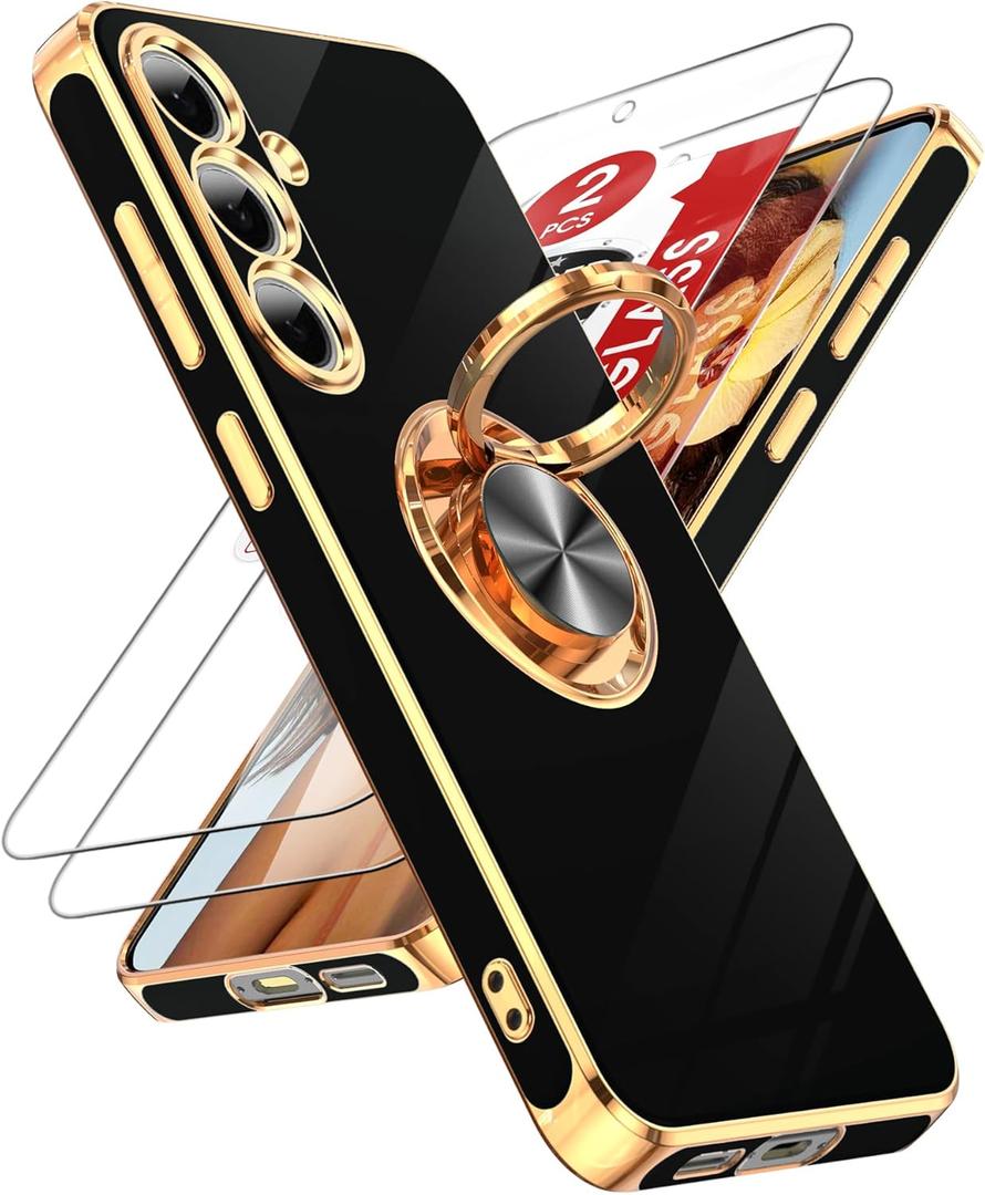 LeYi for Samsung Galaxy S24-FE Case: with 2 Pack Tempered Glass Screen Protector and 360 Rotatable Ring Holder Magnetic Kickstand, Plating Rose Gold Edge Funda para Galaxy S24FE 5G Case, Black