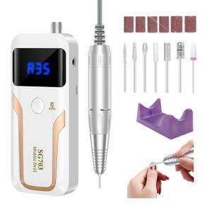 Portable Nail Drill Professional 35000 RPM, MOCOWIND Rechargeable Electric Nail File Machine E File for Acrylic Gel Polishing Removing, Cordless E-File with Bits Kit for Manicure Salon Home, White