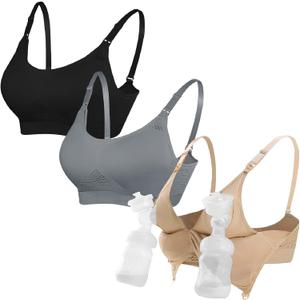 4HOW Pumping Bra Hands Free Nursing Pumping aBra All in One Wireless Padded Maternity Bralette for Large Bust (Black + Beige + Grey)