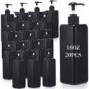 20 Pack 16oz/ 500ml Plastic Empty Bottles Refillable Shampoo Containers with Pump Lightweight Square Soap Dispenser Bottles for Essential Lotions, Shampoos, Conditioner, Massage Oil (Black)