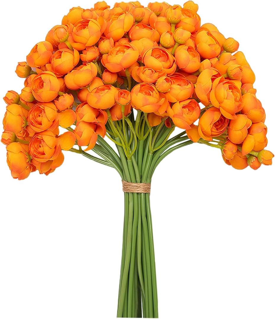 Meldel 32pcs Ranunculus Artificial Flower, Faux Silk Mini Orange Ranunculus Flowers for DIY Bouquet, Bulk Fake Peony Wedding Filler Flowers for Centerpieces Arrangements Bridal Shower Decorations