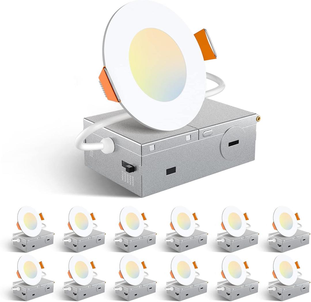 Amico 12 Pack 3 Inch 5CCT Ultra-Thin LED Recessed Ceiling Light with Junction Box, 2700K/3000K/3500K/4000K/5000K Selectable, 7W Eqv 60W, Dimmable Canless Wafer Downlight, 500LM High Brightness -ETL (White)