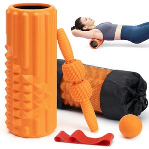 5 in 1 Foam Roller Set, High Density Fitness Exercise Foam Roller for Deep Tissue Muscle Massage, Massage Roller, Massage Ball, Resistance Band, for Whole Body(Orange)