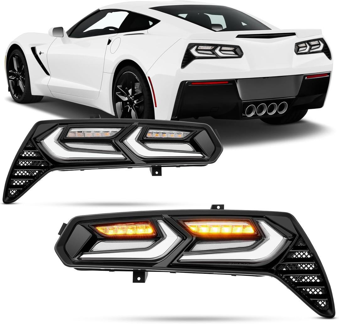 Taillights Compatible with 7th Gen Chevy Corvette Coupe C7 2014-2019 All Models, LED Brake Lamp with Dynamic Animation Running Light Bar and with Switchback Turn Signals white LENS TYPE pair