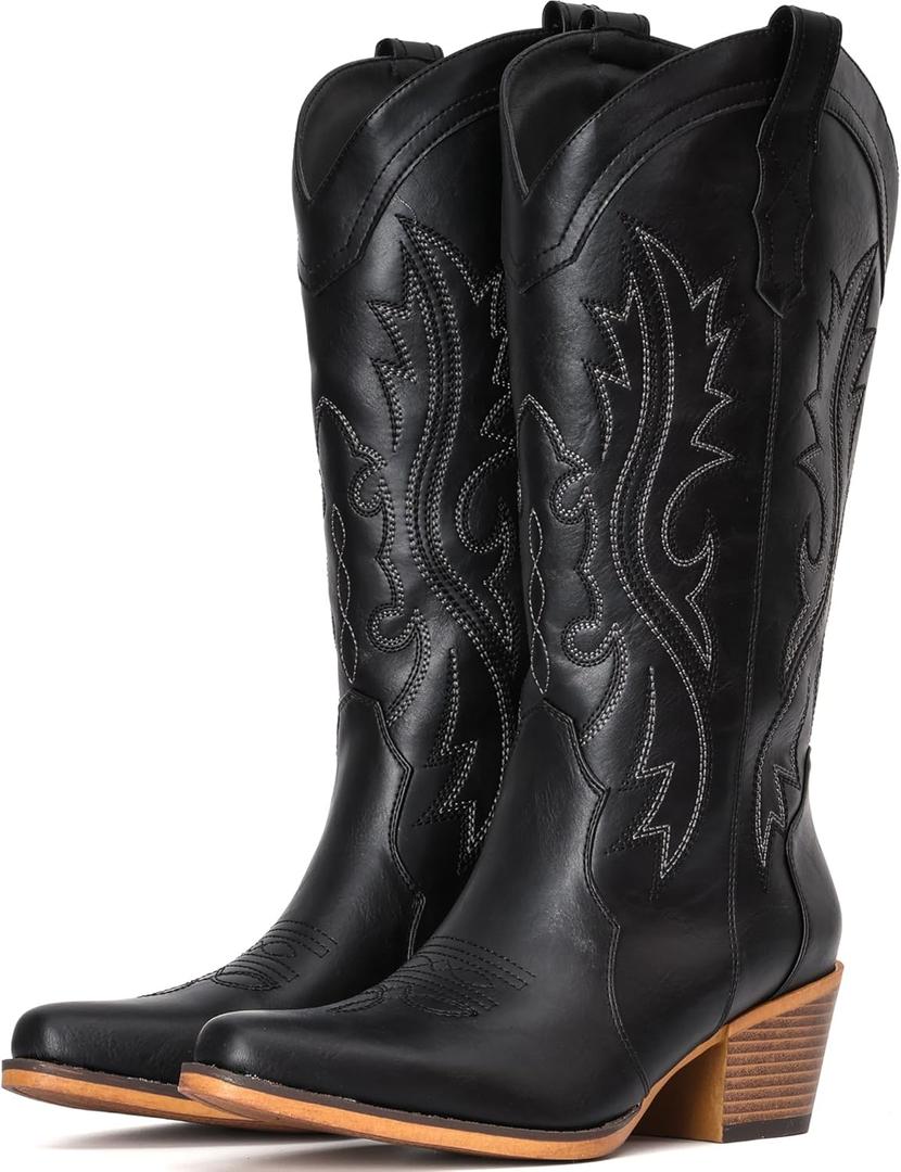IUV Cowboy Boots For Women Western Cowgirl Boots with Chunky Heel Mid Calf Snip Toe Ideal for low insteps (8, Black)