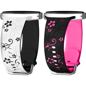 2 Pack Two-Tone Flower Engraved Bands Compatible with Samsung Galaxy Watch 8 40mm 44mm/Galaxy Watch 8 Classic 46mm,No Gap Soft Silicone Sport Strap Women (Black Hotpink+White Black)