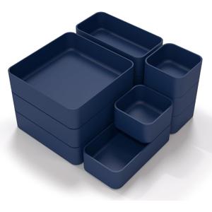 CHANCETSUI 11-Piece Stackable Drawer Organizer Set, Multi-size Desk Drawer Organizer Trays Vanity Storage Bins for Storing Makeup, Stationery, Utensils in Bathroom Dresser, Office and Kitchen (Blue)