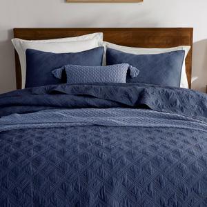 WDCOZY 100% Cotton King Size Quilt Set - Navy Blue Pre-Washed Soft Lightweight Modern Bedspread, Farmhouse Country Rustic Coverlet, Textured Like Linen, Shabby Chic Gauze Bedding, 3 Pieces (King (106"x96"))