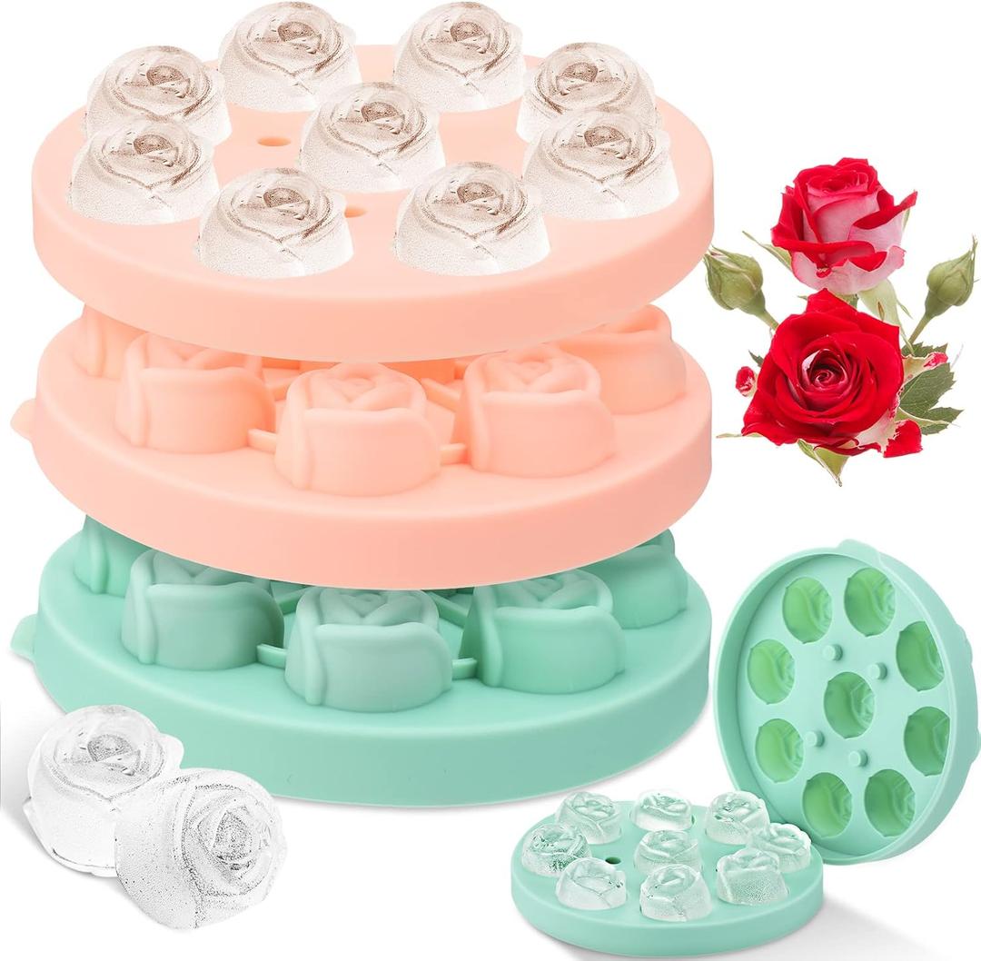 Hsei 2 Pieces 3D Rose Ice Mold 1.4 Inch Silicone Flower Ice Cube Trays Rose Silicone Mold for Freezer Whiskey Cocktails Juice Bourbon Mimosas, Dishwasher Safe, Pink, Green