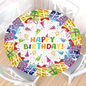 Birthday Round Fitted Tablecloth with Elastic Edge, Water-Resistant Picnic Colorful Happy Birthday Party Hats Ballon Gift Table Cover for 40-44" Found Tables White Table Cloth for Dinner, Outdoor,Patio
