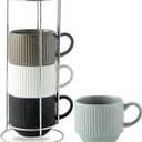Hasense Large Coffee Mug Set of 4 with Rack - 15 oz Stacking Ceramic Ribbed Latte Cups Set for Cappuccino, Tea, Hot Cocoa, Drinks - Dishwasher & Microwave Safe Assorted Colors (15 Ounces, Mix-Color2)