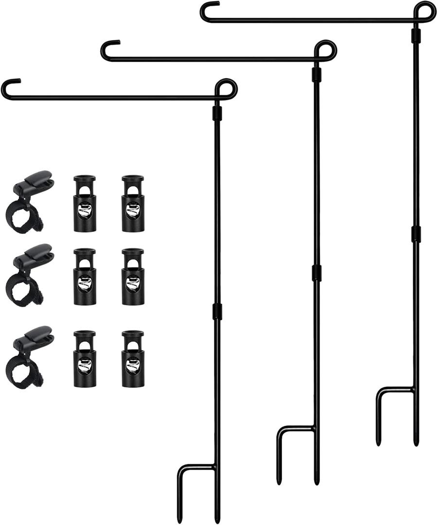 HOOSUN Garden Flag Stand, Premium Garden Flag Pole Holder Metal Powder-Coated Weather-Proof Paint with one Tiger Clip and Two Spring Stoppers Without Flag 3 Pack