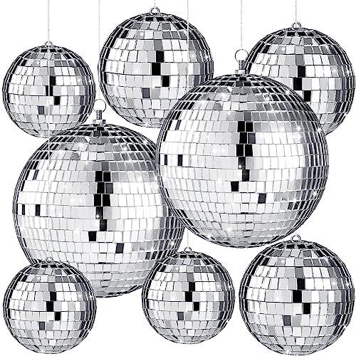 Haull 8 Pcs Large Disco Ball Set Silver Mirror Disco Reflective Ball with Hanging Ring Party Ornament Decoration for Stage Club Ballroom Dance Hall Wedding Prom Props(3'', 4'', 6'')