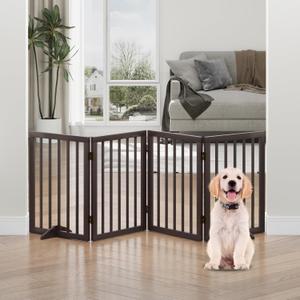 Dog Gate, Freestanding Dog Gates for Doorways, Foldable Dog Gate Indoor, Pet Gates for Doorways Bedroom, Puppy Gate with Metal Support Feet, Room Divider 4 Panels (Brown) (4 Panel - 74"Wide)