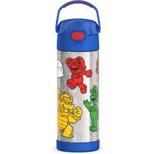 THERMOS FUNTAINER 16 Ounce Stainless Steel Vacuum Insulated Bottle with Wide Spout Lid, Mario
