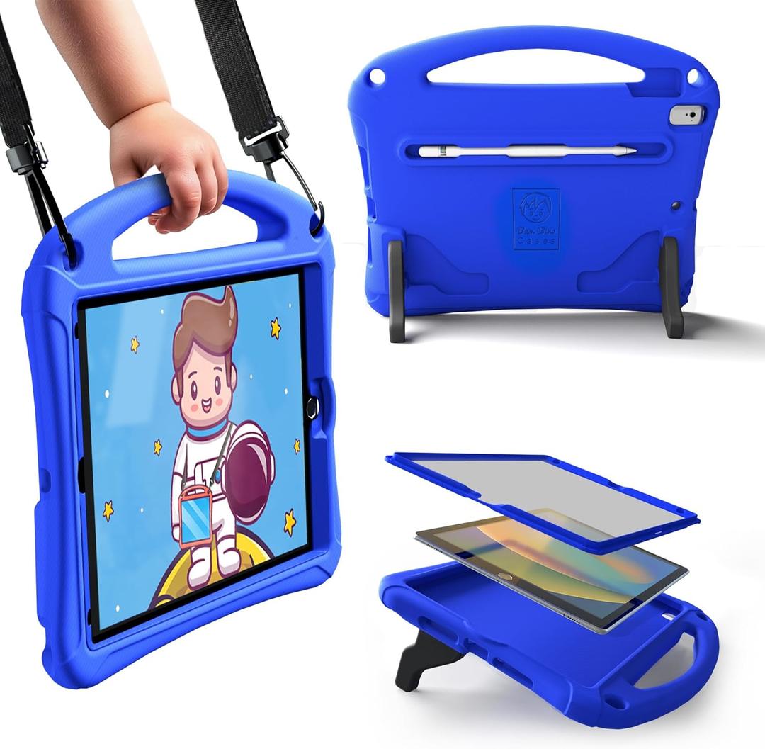 Bam Bino Space Suit Kids Case for iPad Pro 12.9" 3rd/4th/5th/6th Generation (2018-2022) Models [Not for iPad Pro 12.9 1st/2nd Gen] Screen Guard, Handle, Shoulder Strap, Pencil Holder (Galactic Blue)