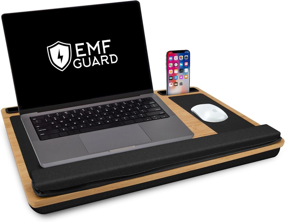 Faraday Lap Desk  EMF Blocking Bamboo Laptop Tray with 4-Layer Shield, Memory Foam Cushion, Leather Mouse Pads, Device Slots & Grounding Cable  Radiation Shield for Home or Couch