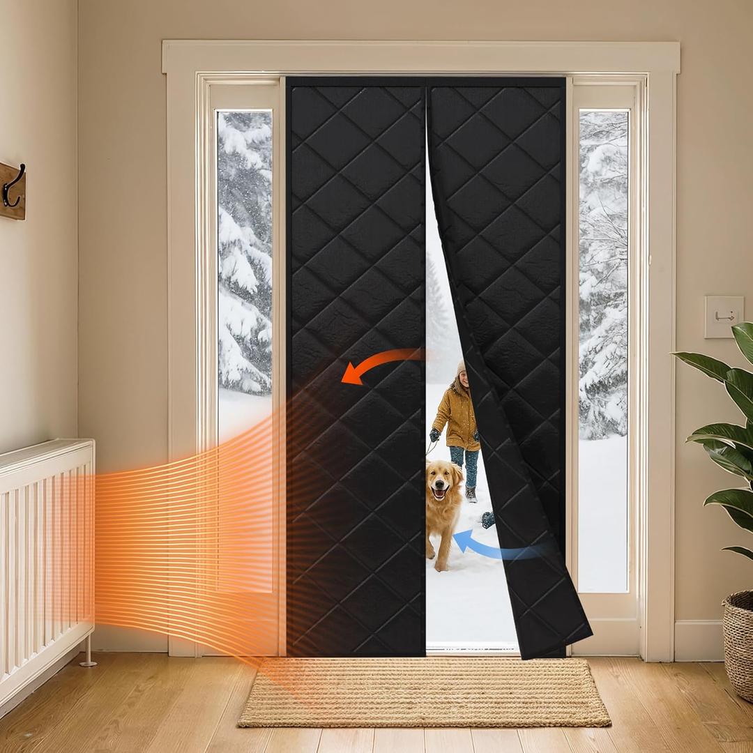 LazBlinds Thermal Insulated Door Curtain Fit Door Size 36" x 82", Magnetic Hands-Free Self Seal Door Cover, Weatherproof Oxford & Cotton Fiber Fill Blanket for Winter to Keep Warm, Black