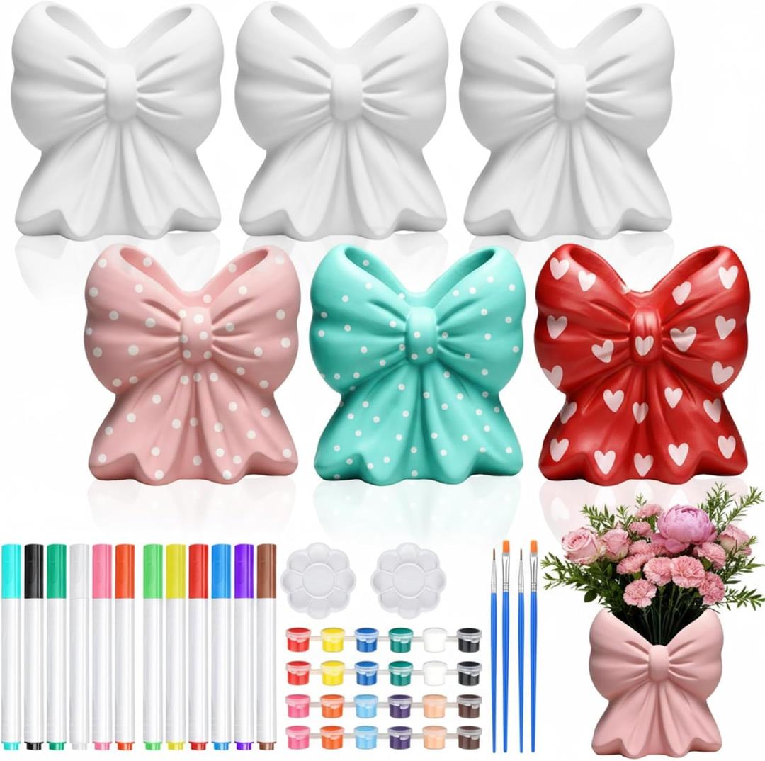AceOrbit 6 Sets Paint Your Own Coquette Bow Succulent Planter Vase Ceramic Blank Unpainted Flower Pots DIY Paintable Porcelain Vase Kit for Adults Classroom Craft Project Activity Supplies