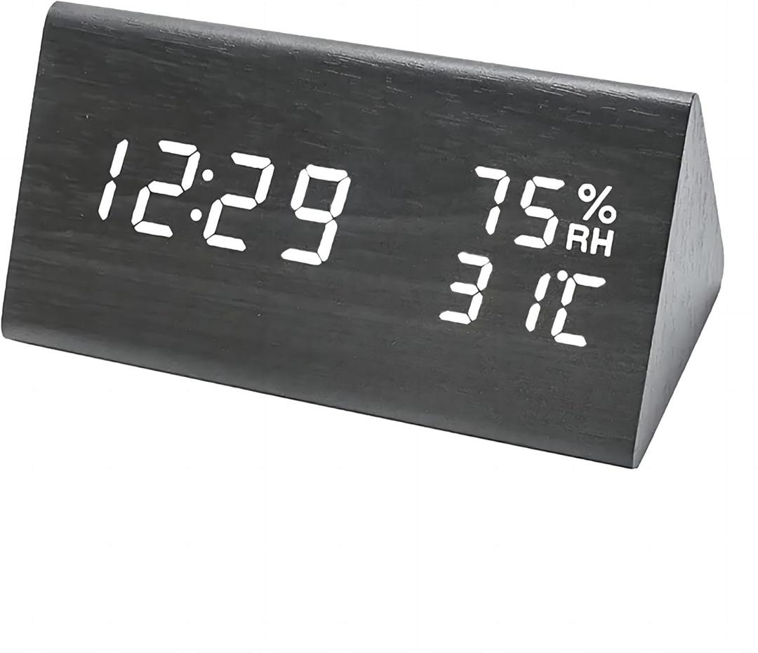 Lancoon Wooden Alarm Clock, Time Date Temperature and Humidity Display 12/24H Sound Activation 3 Alarm Settings Adjustable Brightness for Home Bedroom Office Travel (2) Black & White)